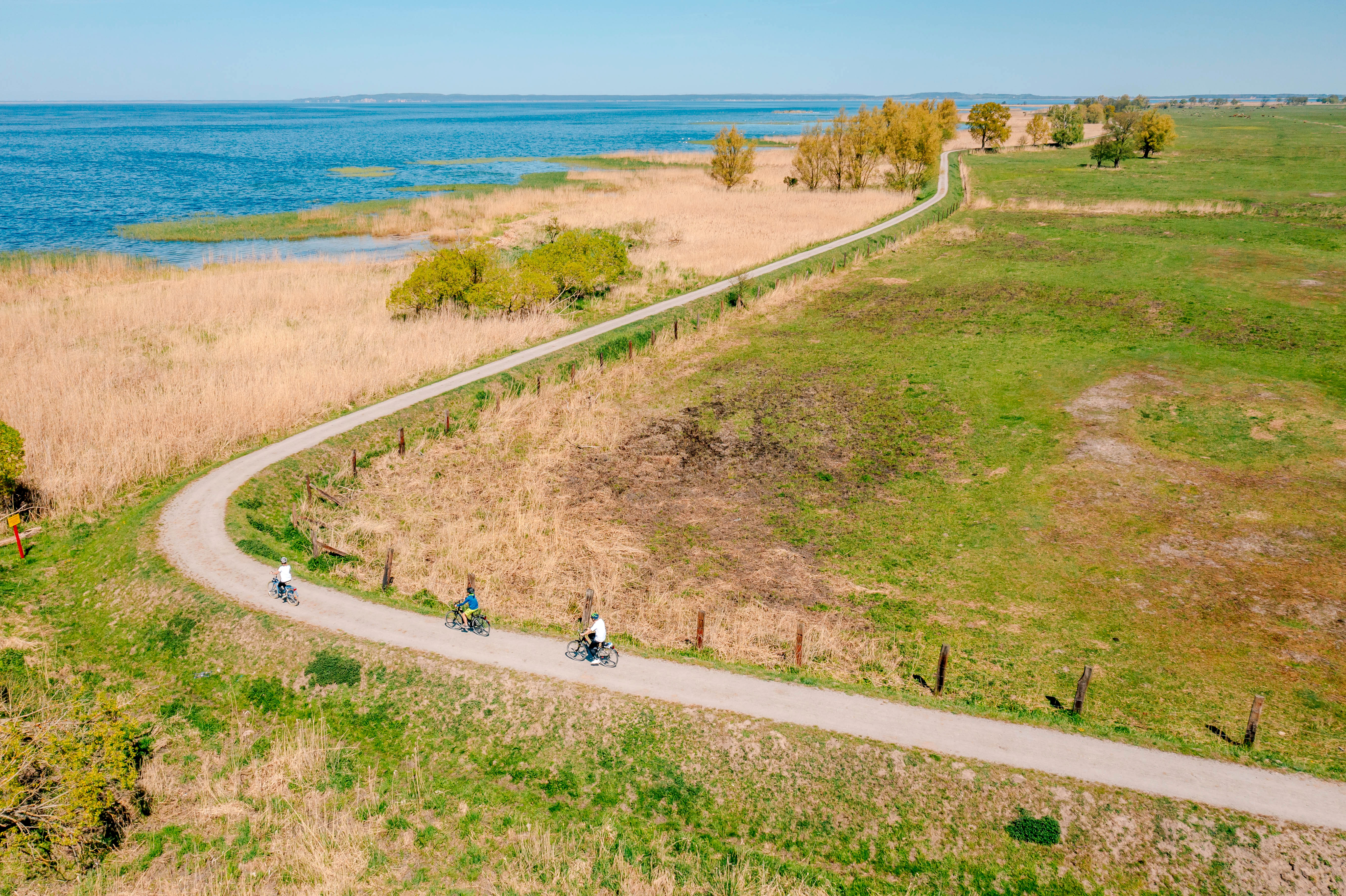 Fahrradfahrer auf einem Weg entlang von Feldern und Wasser